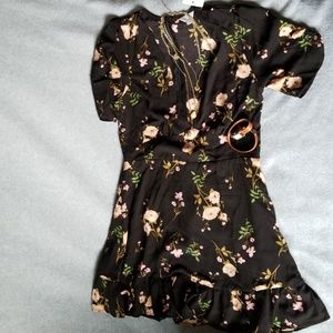 Floral Black Mini Dress with Pink & Cream Blossoms